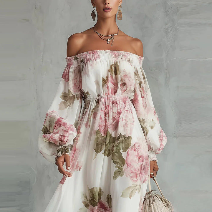 Peony | Floral Off Shoulder Maxi Dress Long Sleeve