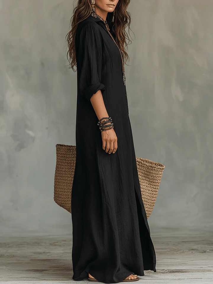 Soline™ | Loose Black Maxi Dress with Buttons